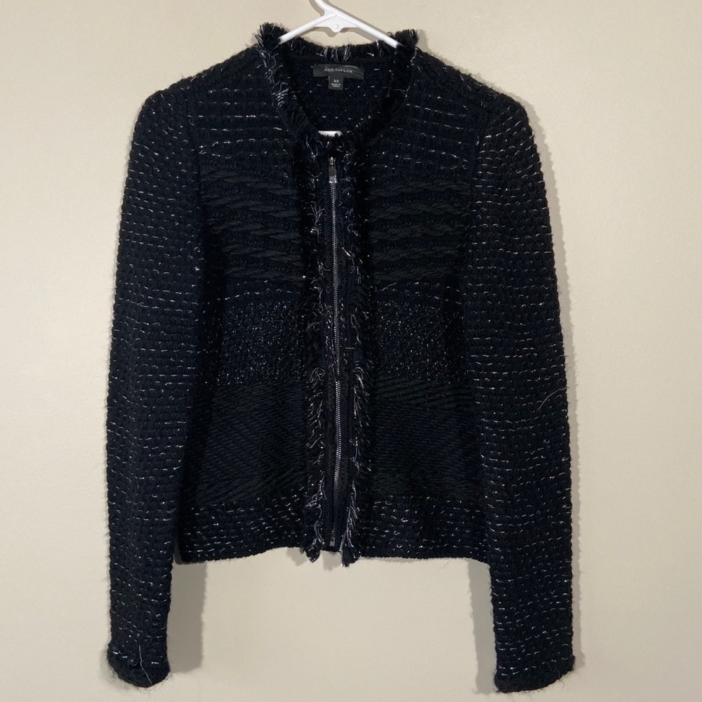 Ann Taylor Wool Knit Metallic Detail Zip Up Jacket